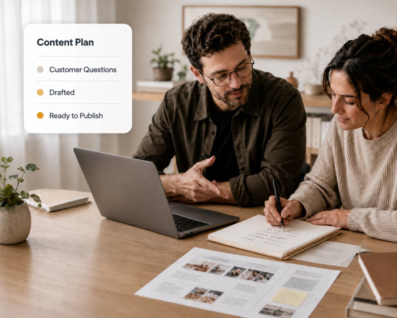 Two people working on content together at a cozy workspace, with a Content Plan / Drafted / Ready to Publish overlay