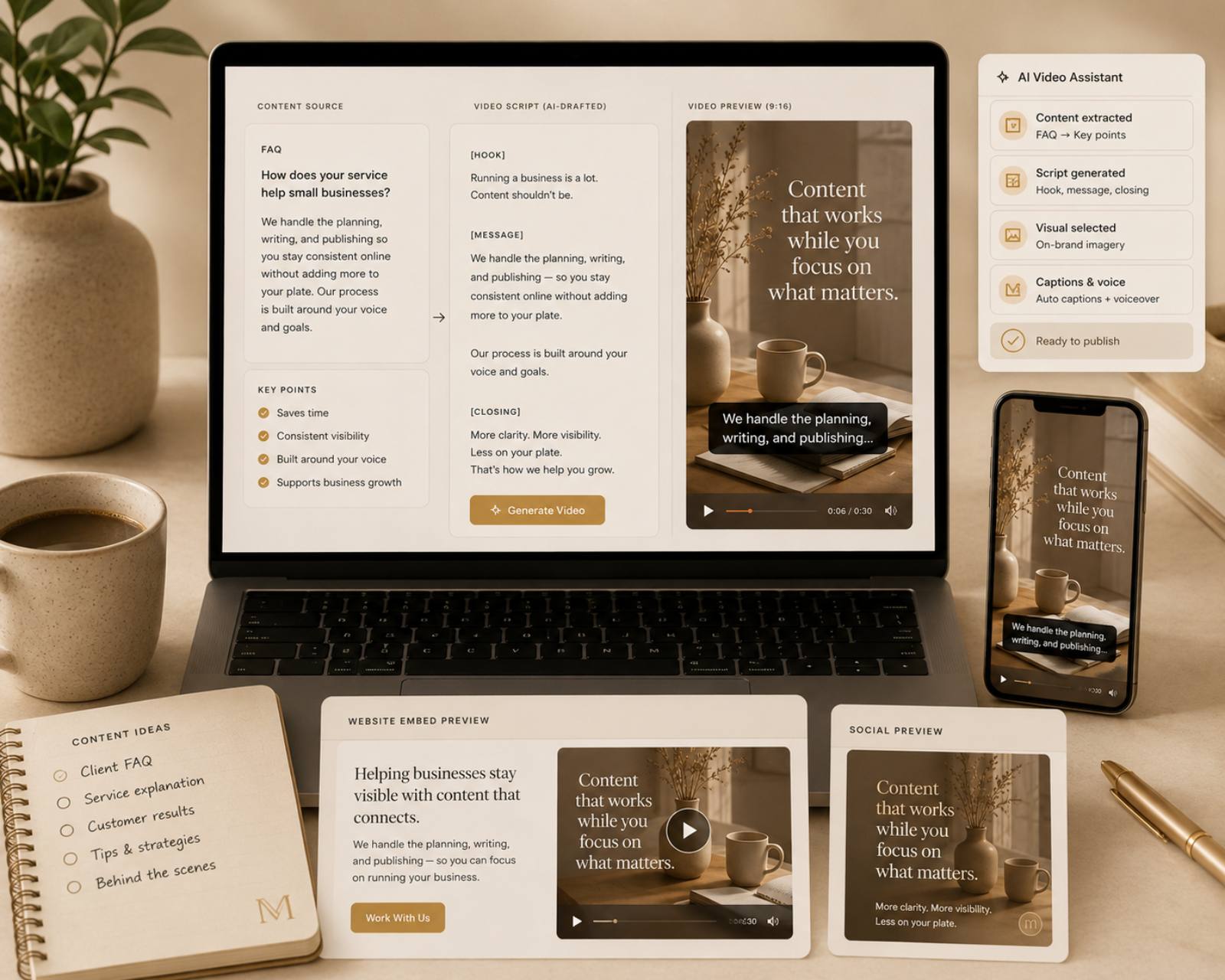 A workspace showing the AI-assisted video creation flow — content source on the left, AI-drafted script in the middle, video preview on the right, plus an AI Video Assistant panel and social-format previews