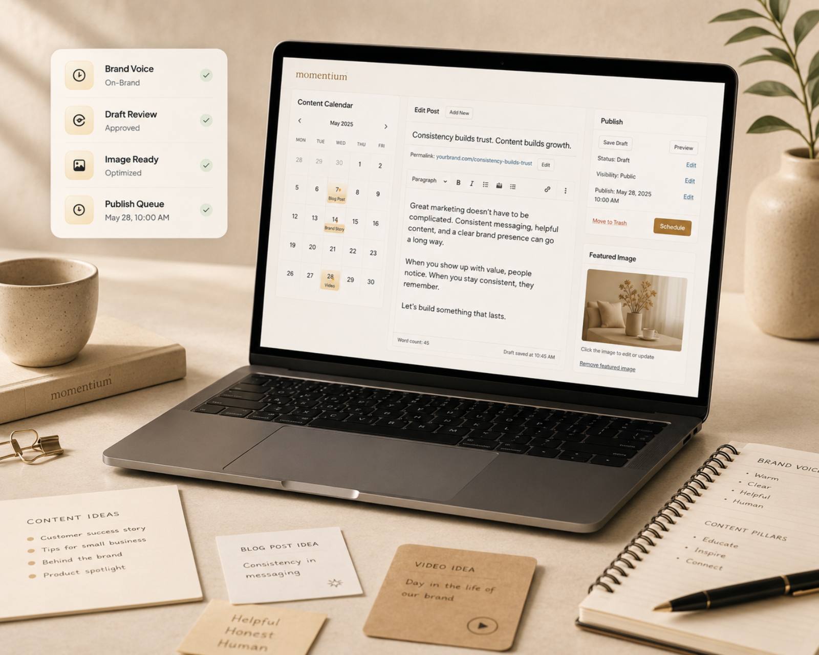 A laptop showing the Momentium content editor and calendar, surrounded by content idea cards and a Brand Voice / Draft Review / Image Ready / Publish Queue status overlay