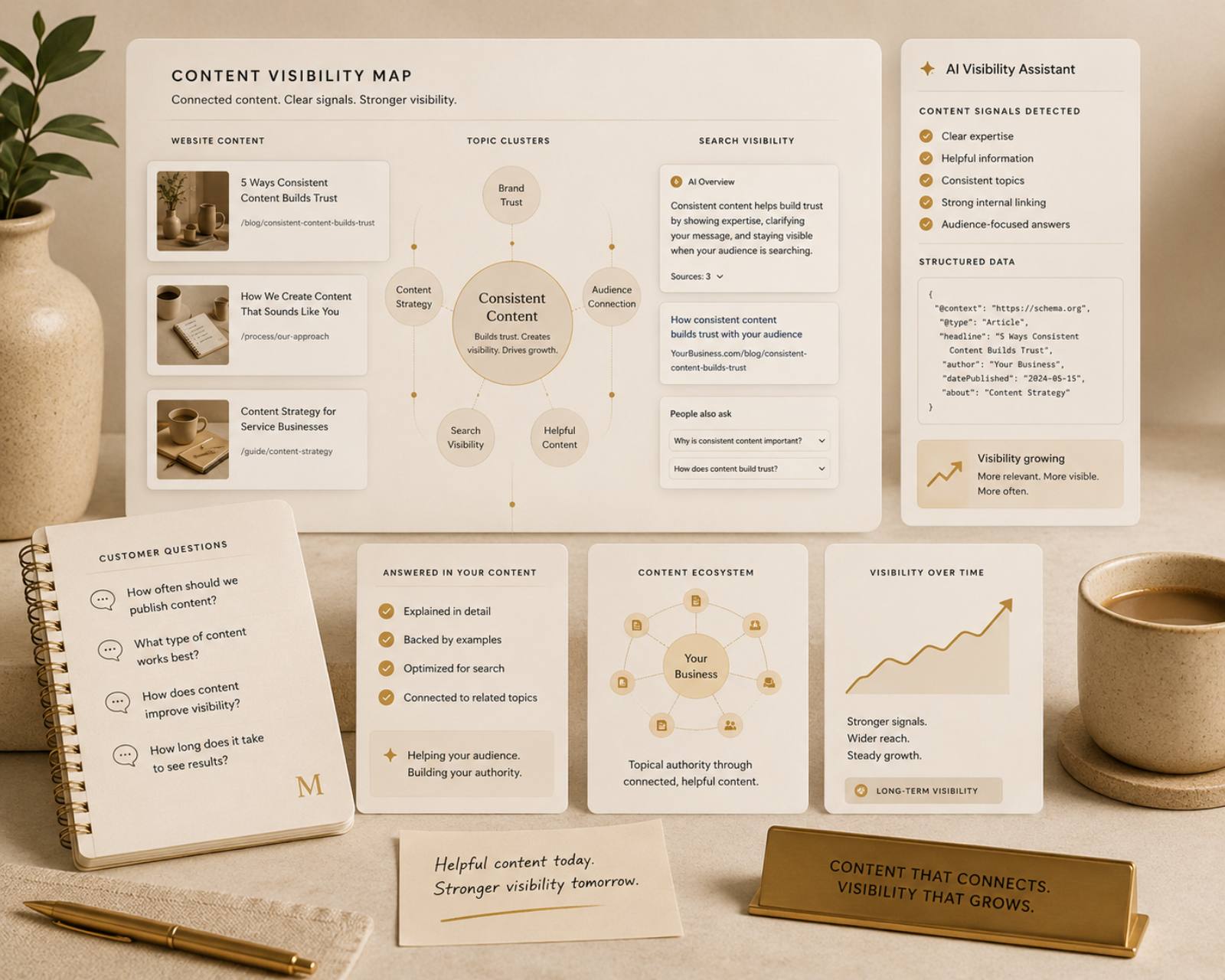 A content visibility strategy dashboard showing a topic-cluster map around Consistent Content, AI Overview preview, structured data, an AI Visibility Assistant panel, customer questions, and a visibility-over-time growth chart