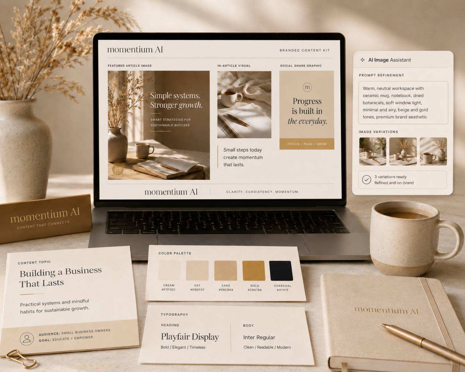 A minimalist workspace showing a Momentium AI branded content kit — featured article visual, in-article image, social share graphic, color palette, typography specs, and an AI Image Assistant panel