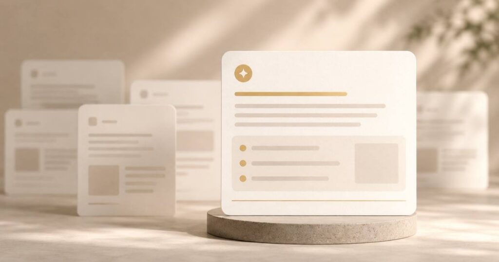 A warm, editorial visual of AI search visibility, with one clear answer card standing out among softer content elements.