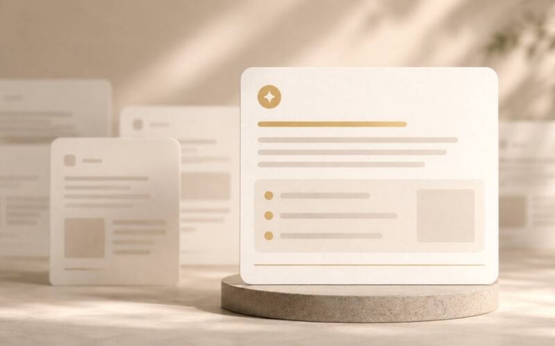 A warm, editorial visual of AI search visibility, with one clear answer card standing out among softer content elements.