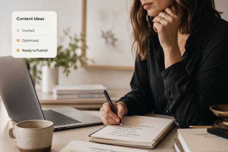 A business owner sketching content strategy notes at a cozy workspace with a laptop and coffee