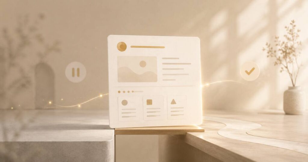 A warm editorial visual of why content stalls before publishing, with one card crossing a soft threshold to live.