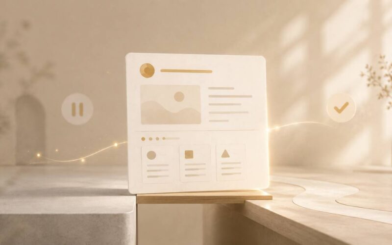 A warm editorial visual of why content stalls before publishing, with one card crossing a soft threshold to live.