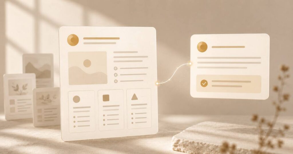 A warm, editorial visual of generative engine optimization, one clear answer card emerging from softer content elements.