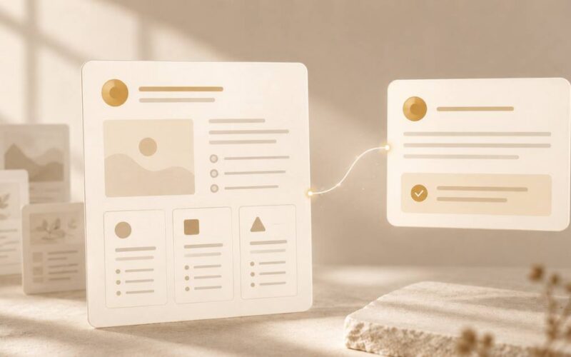 A warm, editorial visual of generative engine optimization, one clear answer card emerging from softer content elements.