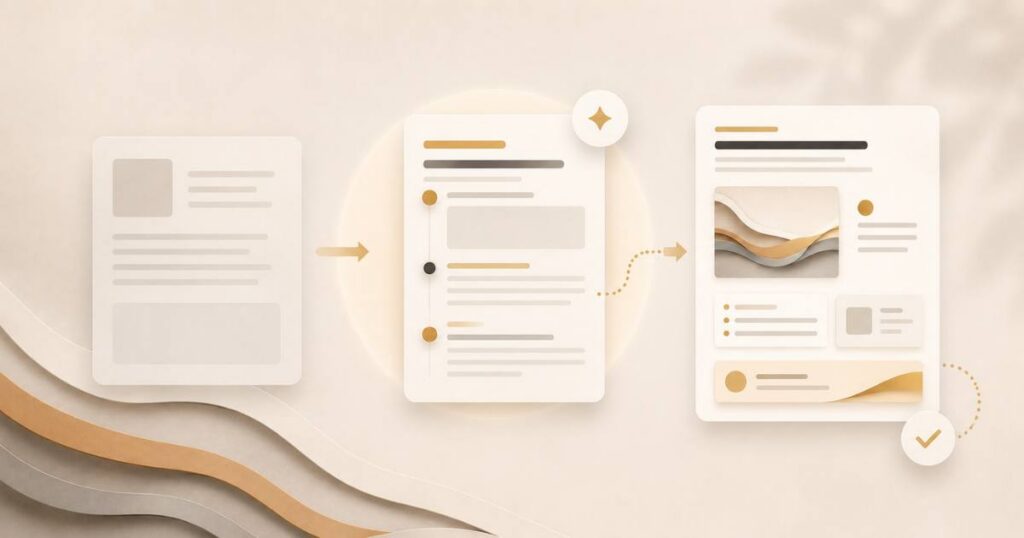 A warm process visual of content getting a human-led pass into an organized, finished managed asset.