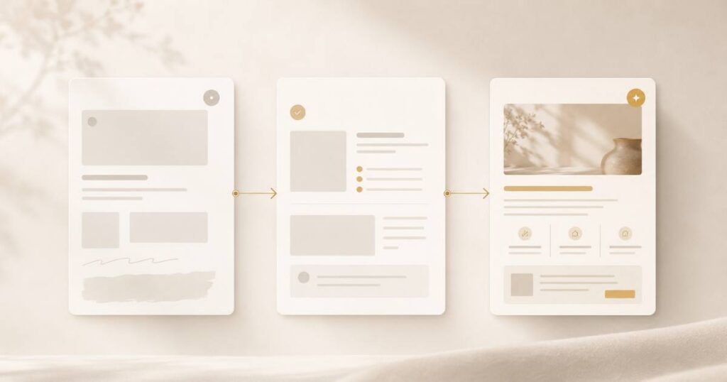A warm process visual showing a draft moving through human review to a published, managed content asset.