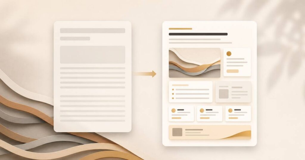A warm comparison visual of pure AI content, a smooth but hollow block beside an organized, characterful version.