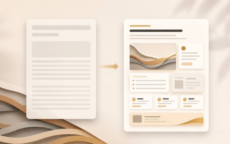 A warm comparison visual of pure AI content, a smooth but hollow block beside an organized, characterful version.