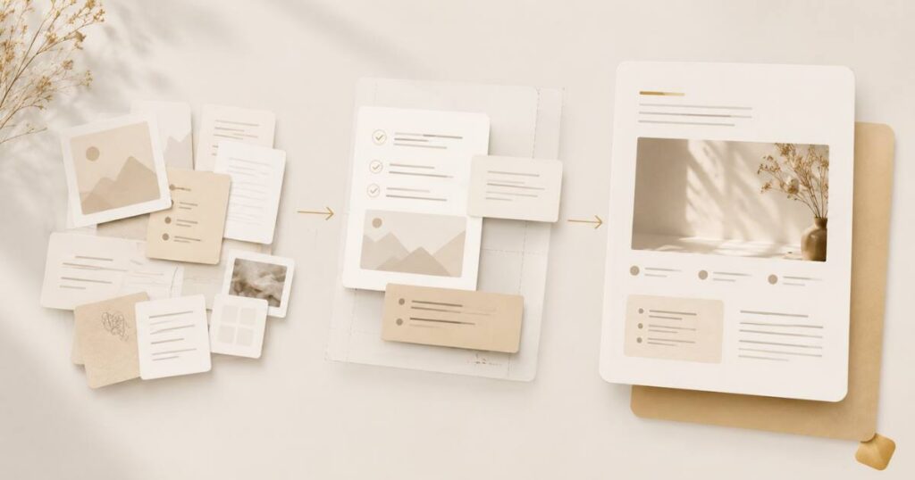 A warm process visual of raw output being shaped into a managed content asset through organized stages.