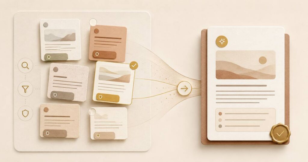 A warm process visual showing sources being retrieved and then composed into a single AI answer.