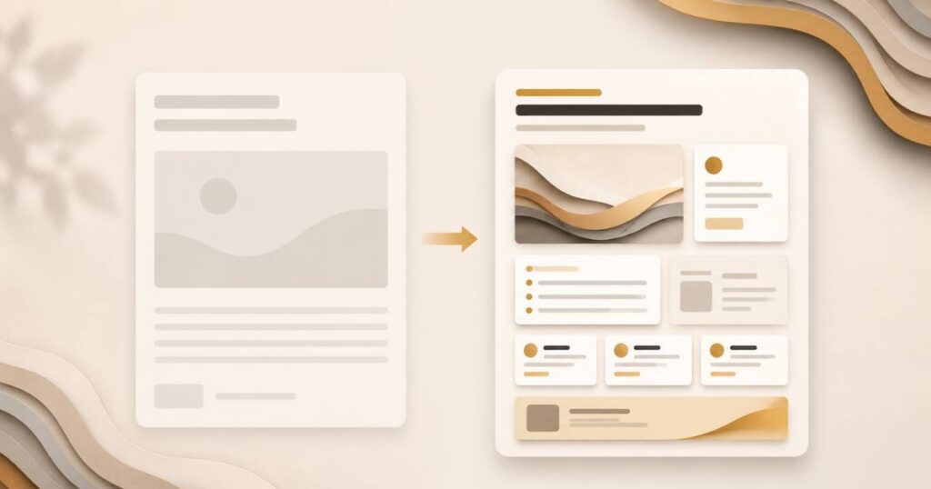 A warm editorial visual on why stock photos hurt a blog, a generic placeholder shifting into a branded, characterful image.
