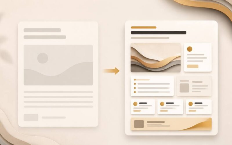 A warm editorial visual on why stock photos hurt a blog, a generic placeholder shifting into a branded, characterful image.