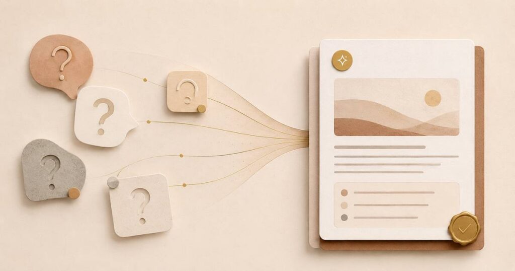 A warm editorial visual answering what to write about, with customer questions resolving into one clear content piece.