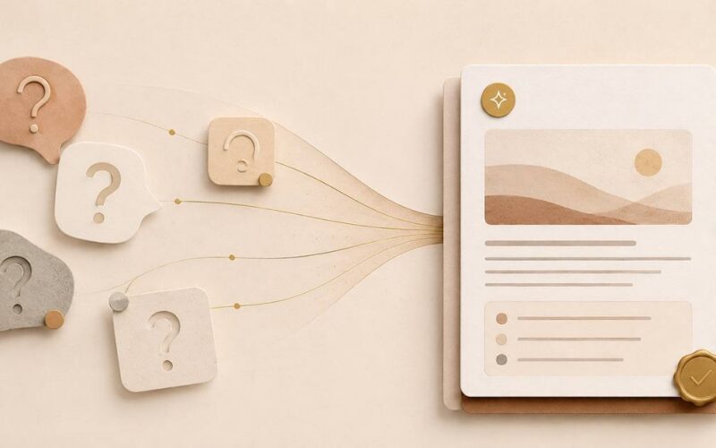 A warm editorial visual answering what to write about, with customer questions resolving into one clear content piece.