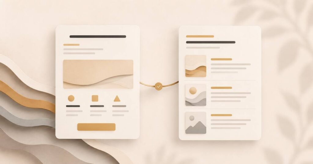A warm editorial visual of service pages vs blog posts, two distinct page types doing different jobs and connected by a link.