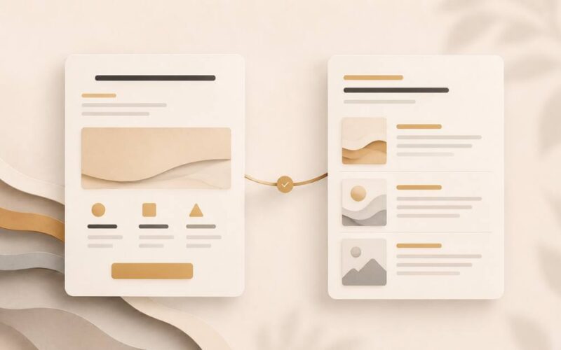 A warm editorial visual of service pages vs blog posts, two distinct page types doing different jobs and connected by a link.