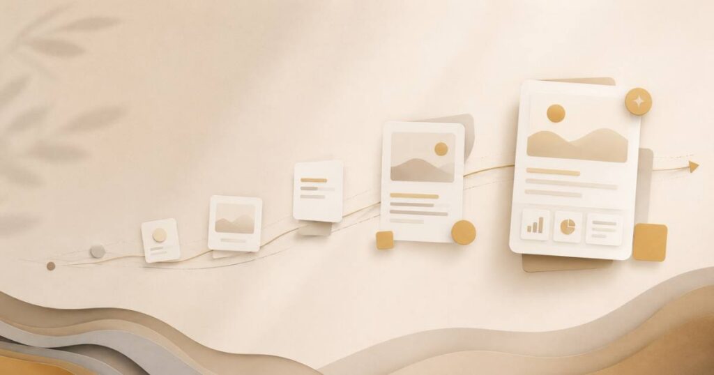 A warm editorial visual of an AI visibility timeline, small early signals building gradually toward fuller visibility over months.