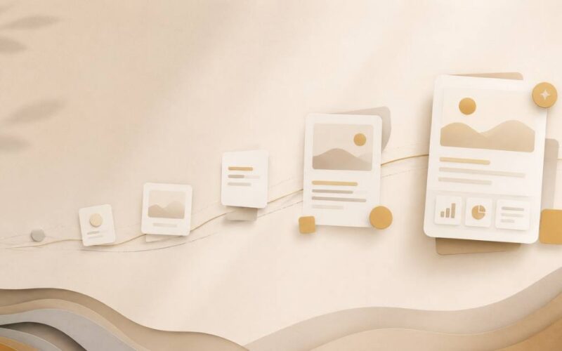 A warm editorial visual of an AI visibility timeline, small early signals building gradually toward fuller visibility over months.