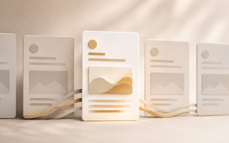 A warm editorial visual of brand voice, one distinct, characterful content piece standing out from interchangeable generic ones.