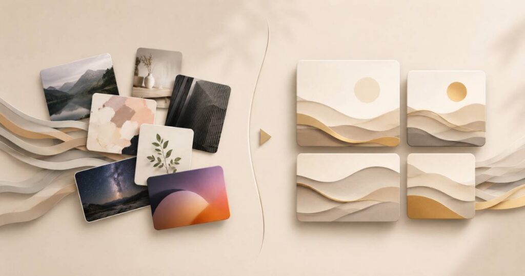 A warm editorial visual of a branded image set, a consistent visual family beside a mismatched, borrowed-looking jumble.