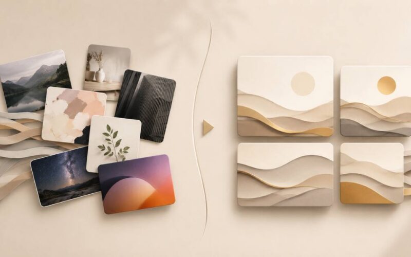 A warm editorial visual of a branded image set, a consistent visual family beside a mismatched, borrowed-looking jumble.