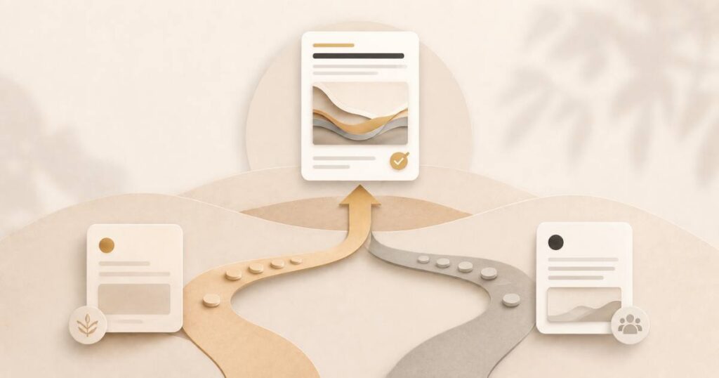 A warm editorial visual of DIY vs managed content, two honest paths leading to the same published-content destination.