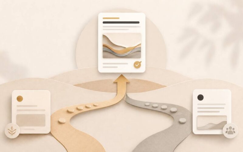 A warm editorial visual of DIY vs managed content, two honest paths leading to the same published-content destination.