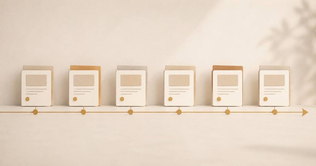 A warm editorial visual answering how often to publish content, showing an even, steady rhythm of content over time.