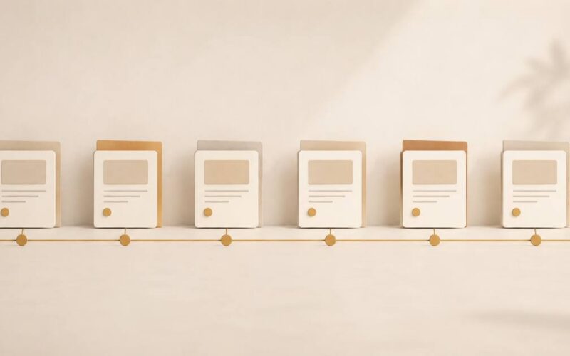 A warm editorial visual answering how often to publish content, showing an even, steady rhythm of content over time.