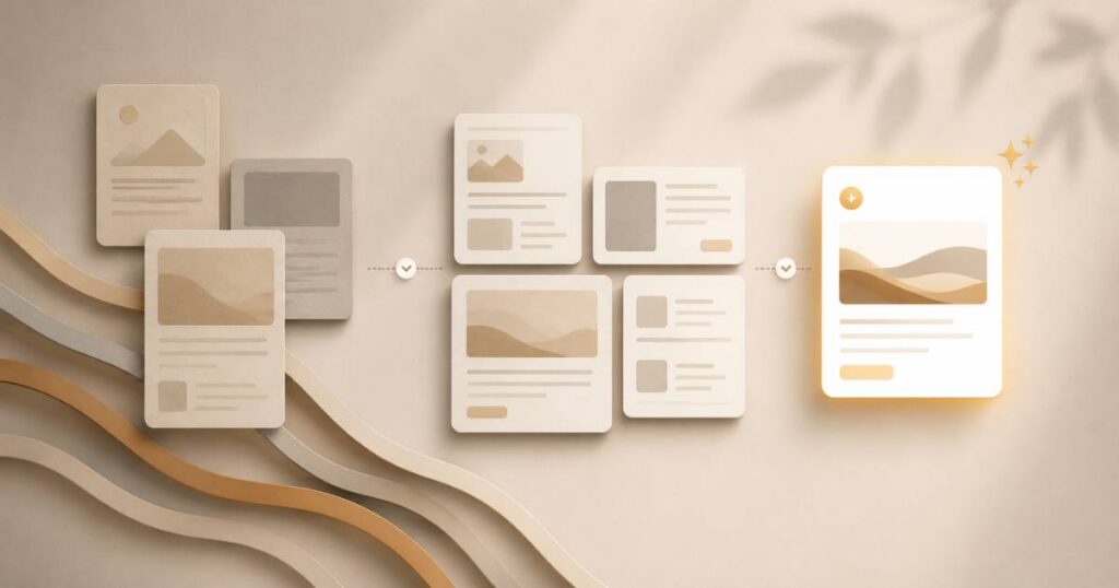 A warm editorial visual about whether to refresh old content or write new, existing pieces being sorted and renewed beside a fresh one.