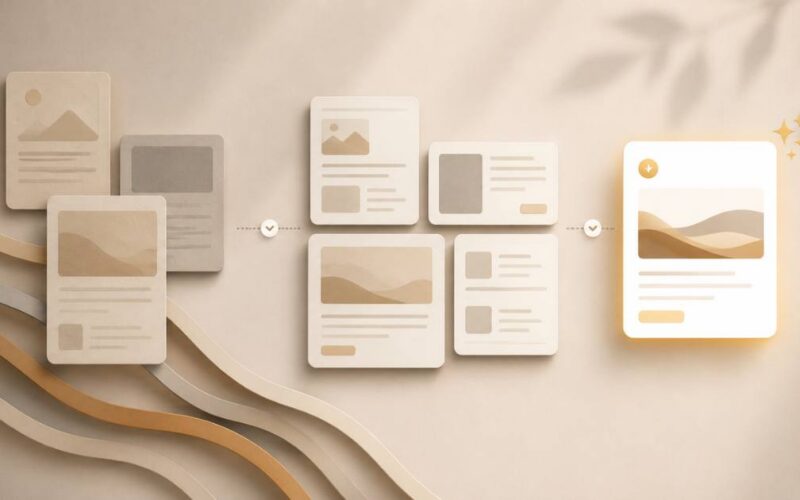 A warm editorial visual about whether to refresh old content or write new, existing pieces being sorted and renewed beside a fresh one.