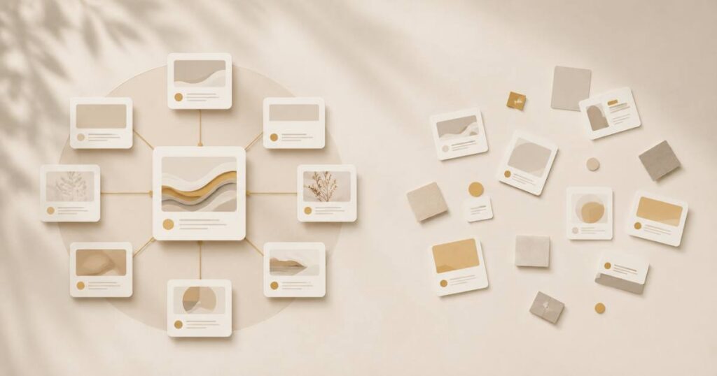 A warm editorial visual of topical authority, several connected content pieces around one subject beside scattered fragments.