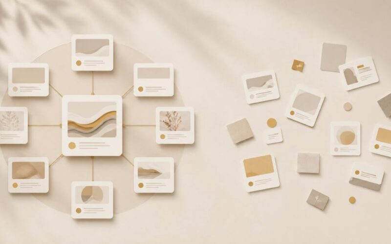 A warm editorial visual of topical authority, several connected content pieces around one subject beside scattered fragments.